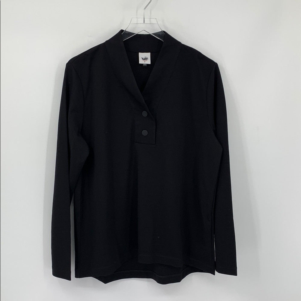 CAbi Ritzy top shirt blouse black knit v-neck henley snap stretch new Medium